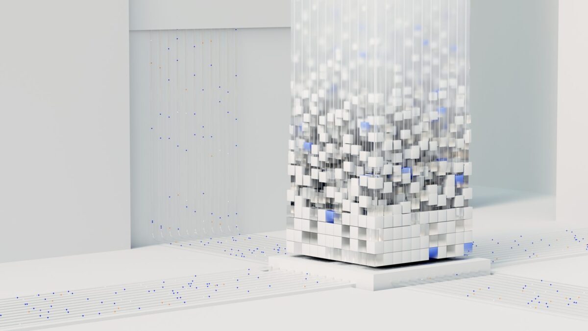 Abstract 3D render of white cubes forming a tower, visualising artificial intelligence and data